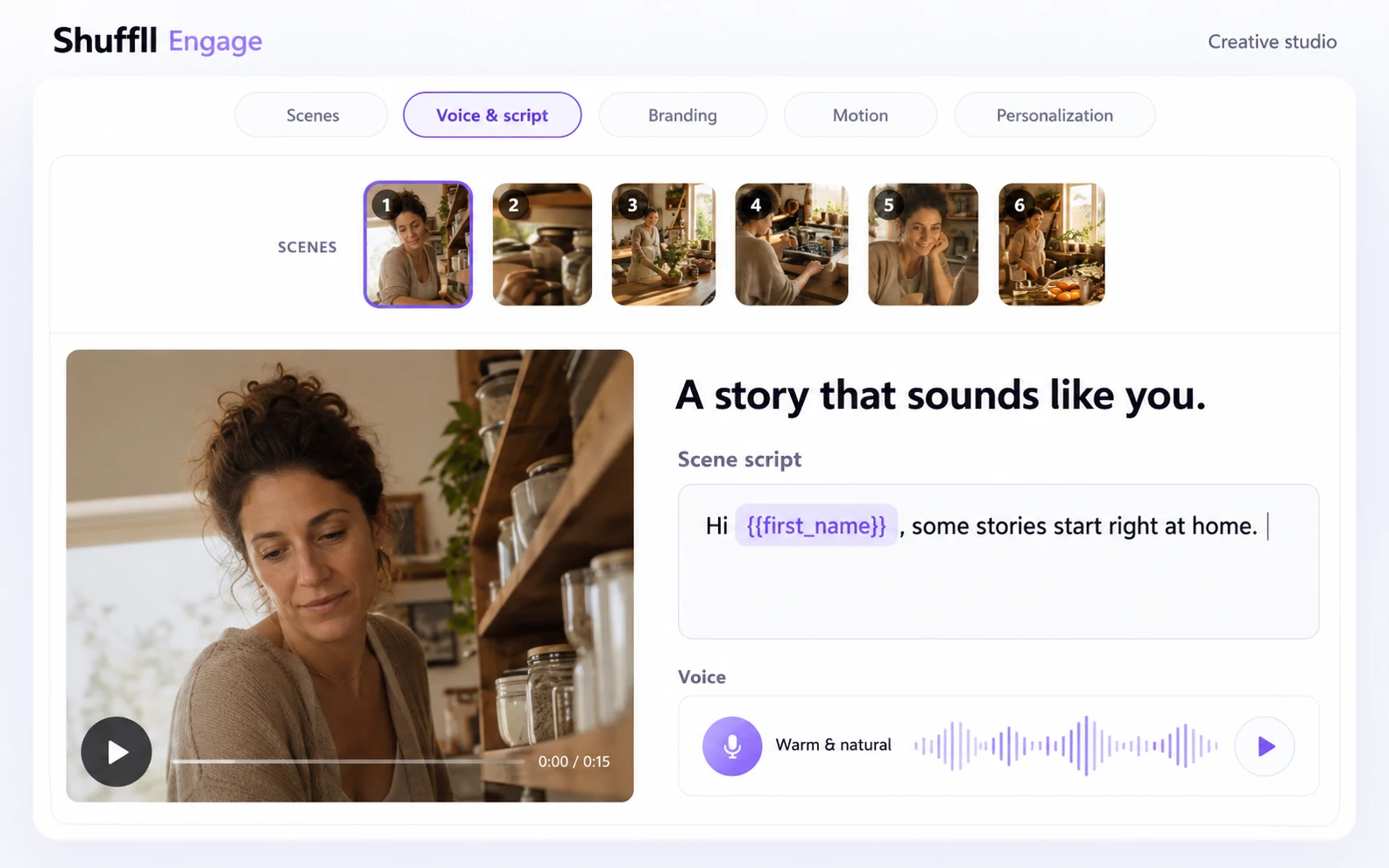 Edited staging capture of Engage's scene, script and voice workspace